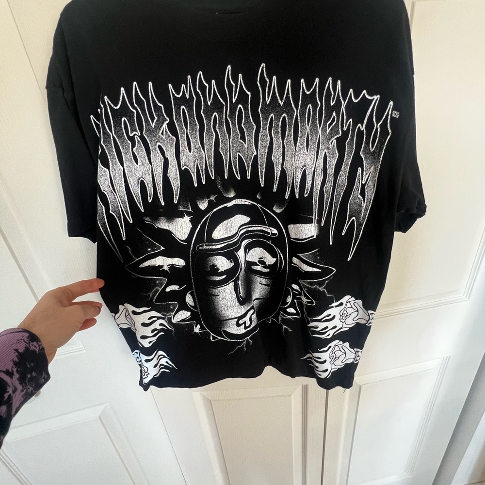 Rick and Morty Black Graphic Tee with Silver + Pink Design